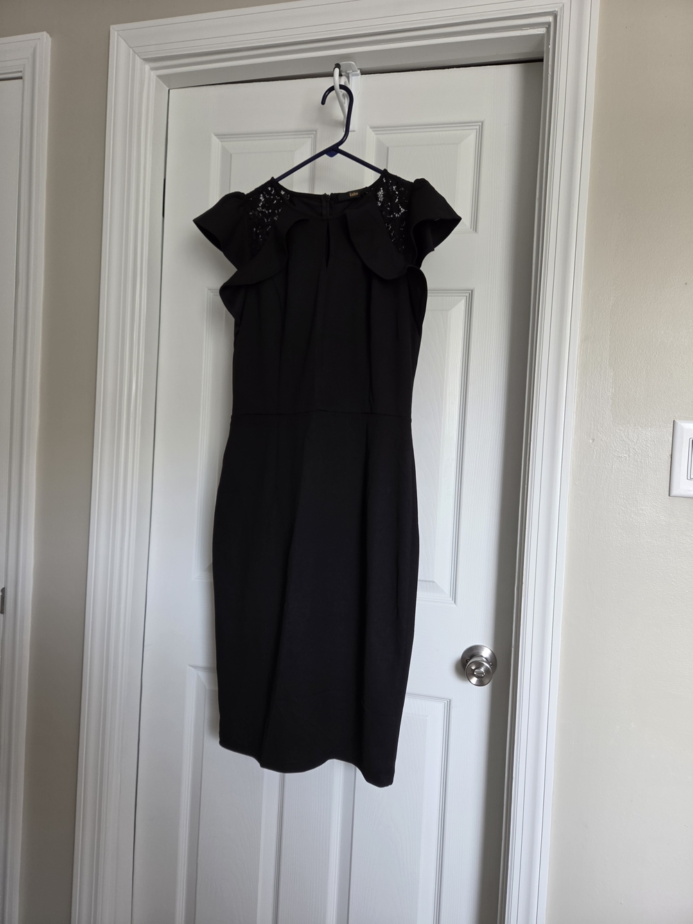 Black Ruffle-Shoulder Midi Dress with Lace Detail